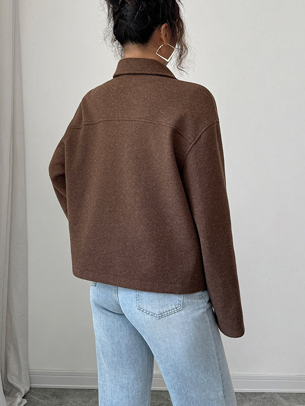 Solid Color Zipper Long Sleeves Loose Lapel Outerwear