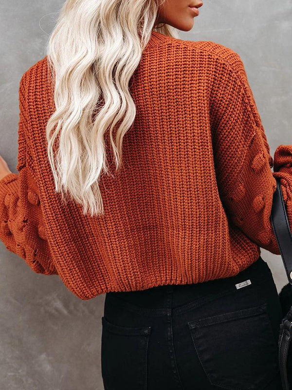 Hollow Solid Color Long Sleeves Loose Round-Neck Sweater Tops Pullovers Knitwear