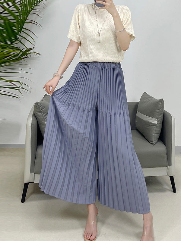 Elasticity Pleated Solid Color Split-Joint High Waisted Loose Trousers Pants