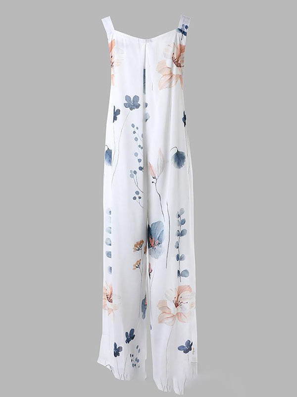 Buttoned Flower Print Pleated Pockets Split-Joint Loose Sleeveless Square-Neck Jumpsuits