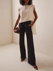 Hollow Solid Color Split-Joint High-Low Loose Round-Neck Vest Top