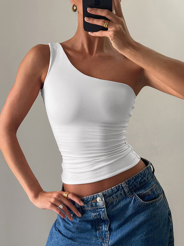 Solid Color Skinny Sleeveless One-Shoulder Vest Top