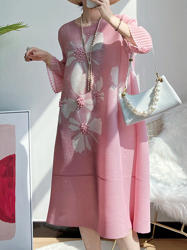 Floral Printed Flared Sleeves Loose Round-neck Midi Dresses