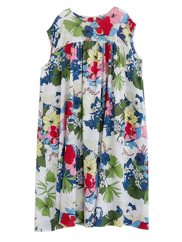 Original Loose Artistic Retro Floral Printed Pleated Midi Dress