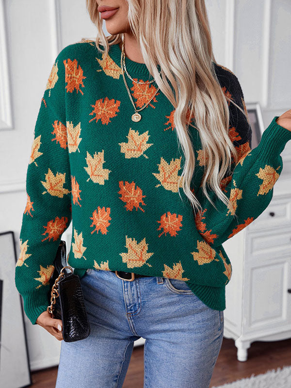 Contrast Color Jacquard Knitted Leaves Split-Joint Long Sleeves Loose Round-Neck Sweater Tops Pullovers