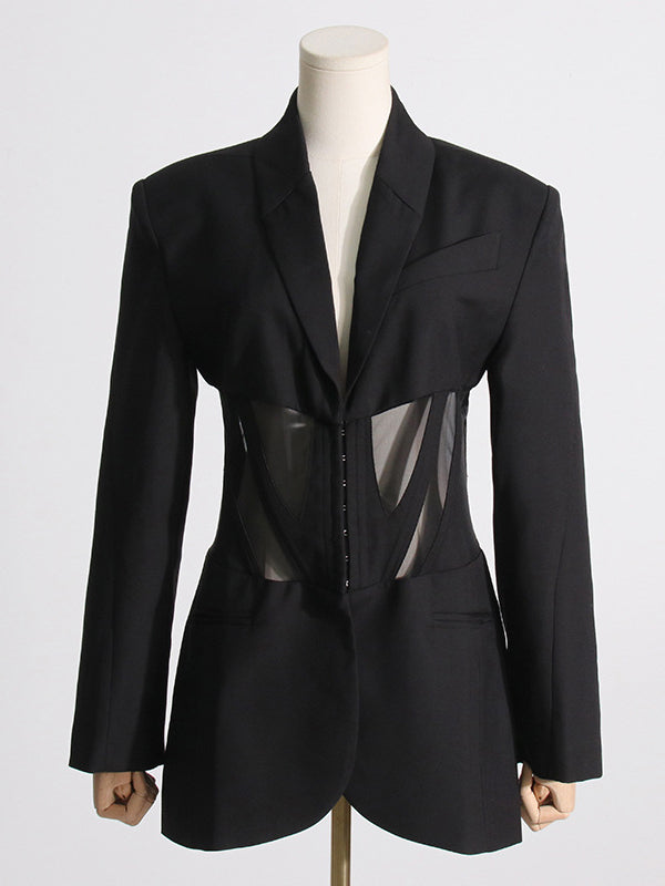 Buckle Gauze See-Through Solid Color Split-Joint Long Sleeves Notched Collar Blazer