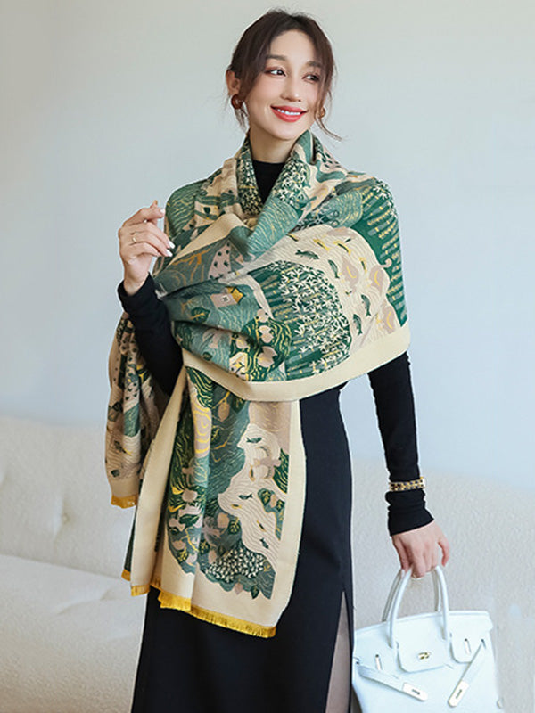 Vintage Printed Tasseled Shawl&Scarf