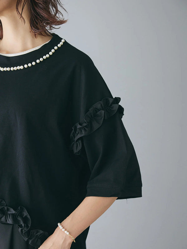 Beaded Ruffled Solid Color Half Sleeves Round-Neck T-Shirts Tops&Pants Two Pieces Set