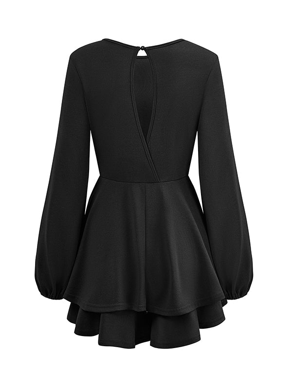 Elasticity Hollow Pleated Solid Color Long Sleeves Puff Sleeves Round-Neck Rompers