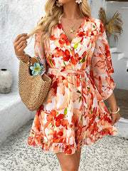 Flower Print Ruffle Trim Split-Joint Tied Waist Flared Sleeves Half Sleeves V-Neck Mini Dresses