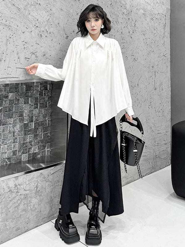 Buttoned Solid Color Split-Joint Streamer Irregularity Long Sleeves Lapel Collar Blouses&Shirts Tops