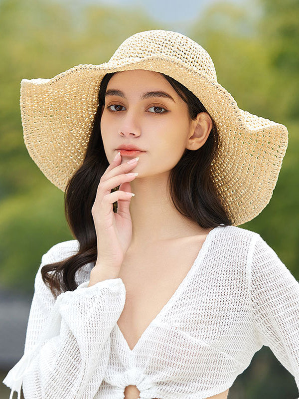 Hollow Solid Color Wide Side Woven Sun-Protection Hats&Caps
