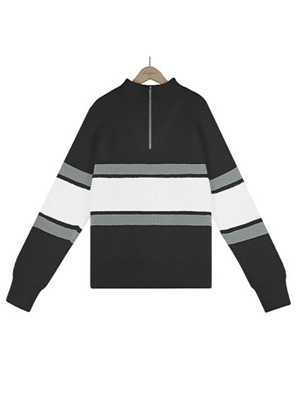 Stylish Loose Solid Color& Contrast Color Striped Lapel Collar Sweater Tops