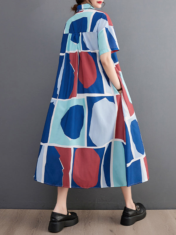 Cartoon Printed Multi-Colored Loose Short Sleeves Lapel Shirt Dress Midi Dresses