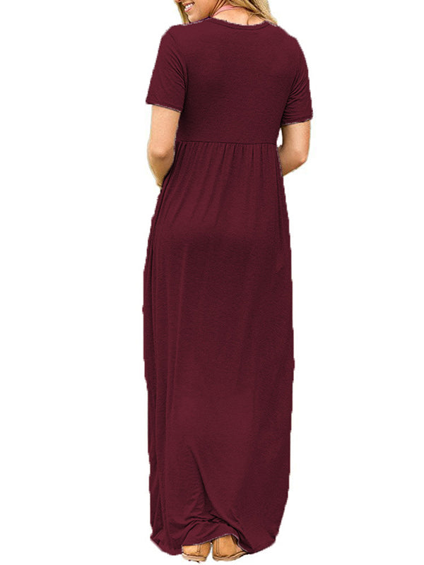 Pleated Pockets Solid Color Split-Joint High Waisted Short Sleeves Round-Neck Maxi Dresses