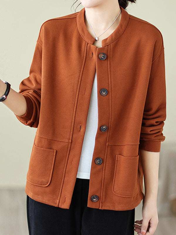 Buttoned Keep Warm Pockets Velvet Long Sleeves Loose Round-neck Outerwear