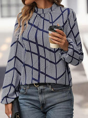 Elasticity Pleated Polka-Dot Long Sleeves Loose Mock Neck Blouses&Shirts Tops
