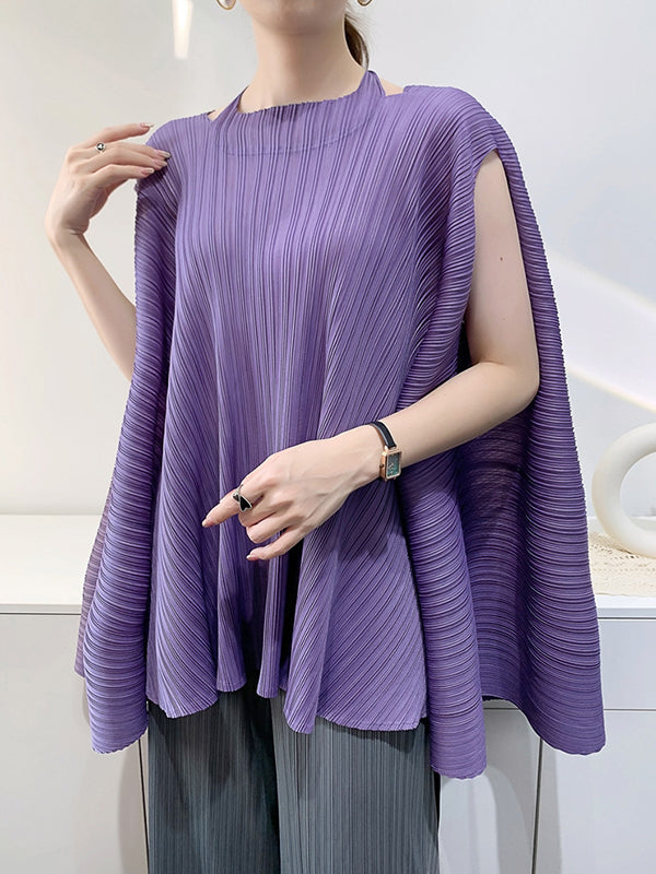 Pleated Solid Color Loose Sleeveless Halter-Neck T-Shirts Tops