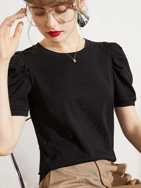 Original Simple Loose Solid Color Puff Sleeves T-Shirt Top