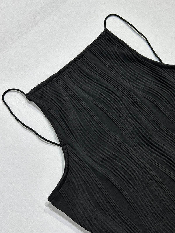 Pleated Solid Color Split-back Skinny Sleeveless Spaghetti-Neck Maxi Dresses