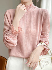 Elasticity Ruffle Trim Solid Color Long Sleeves Loose Mock Neck T-Shirts Tops