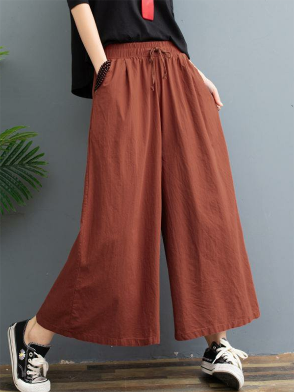 Simple Wide Leg Loose Drawstring Solid Color Casual Pants Bottoms