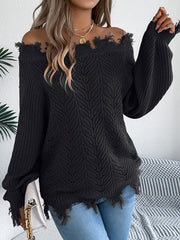 Hollow Knitted Leaves Ribbed Knit See-Through Solid Color Long Sleeves Off-The-Shoulder Sweater Tops