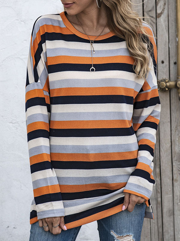Split-side Striped Long Sleeves Loose Round-neck Sweatshirt Tops