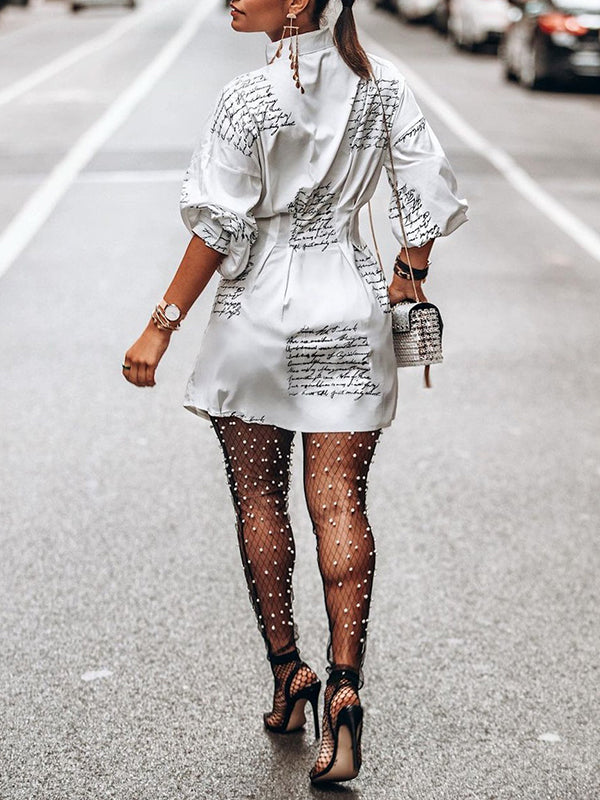 Buttoned High-Waisted Letter Print Half Sleeves Loose Lapel Shirt Dress Mini Dresses