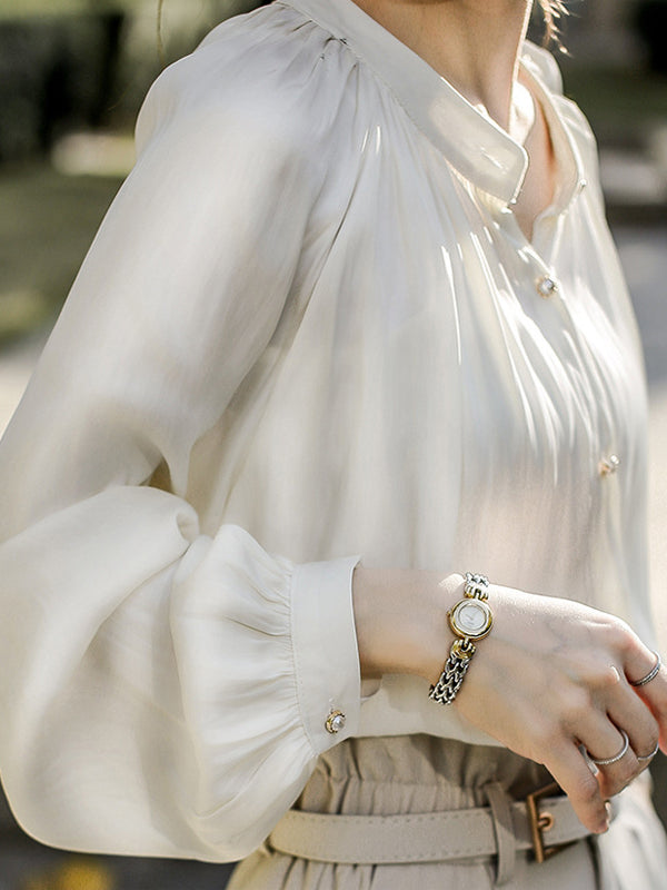 Buttoned Pleated Long Sleeves Loose Round-Neck Blouses&Shirts Tops