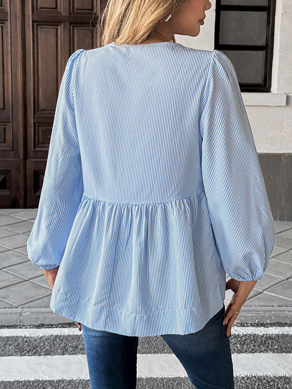 Elasticity Pleated Striped Tied Long Sleeves Loose Round-Neck Blouses&Shirts Tops