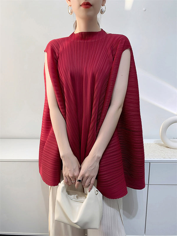 Pleated Solid Color Loose Sleeveless Halter-Neck T-Shirts Tops