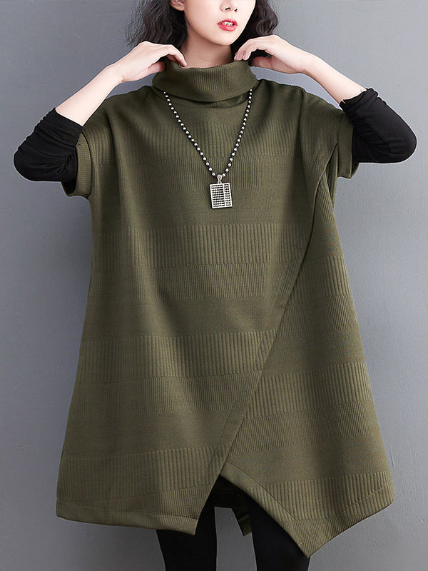 Asymmetric Solid Color Split-front Split-Joint Loose Raglan Sleeve High-neck Mini Dresses Knitwear