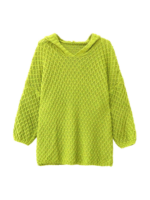 Hollow Solid Color Long Sleeves Loose Hooded Sweater Tops