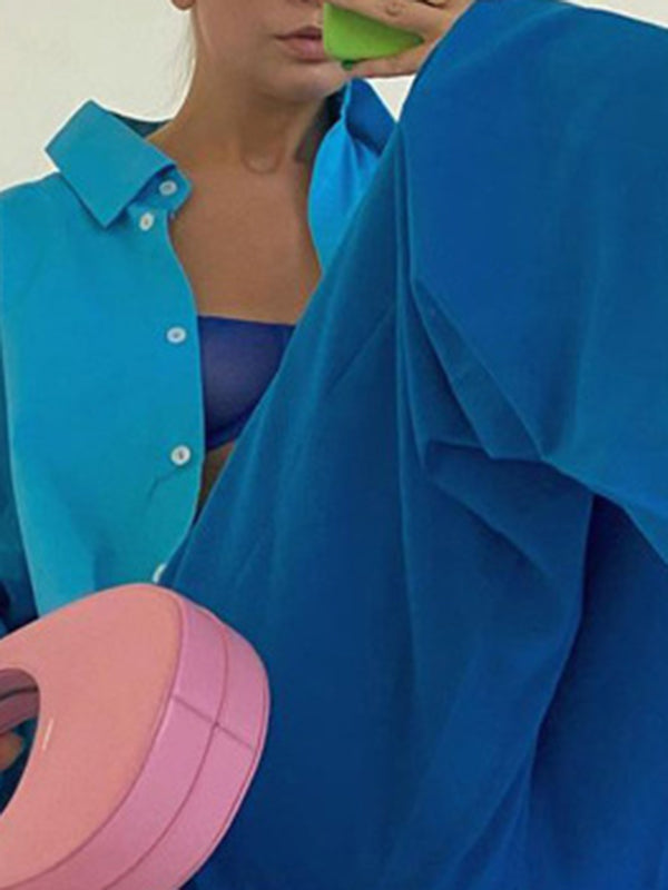 Solid Color Long Sleeves Loose Lapel Blouses