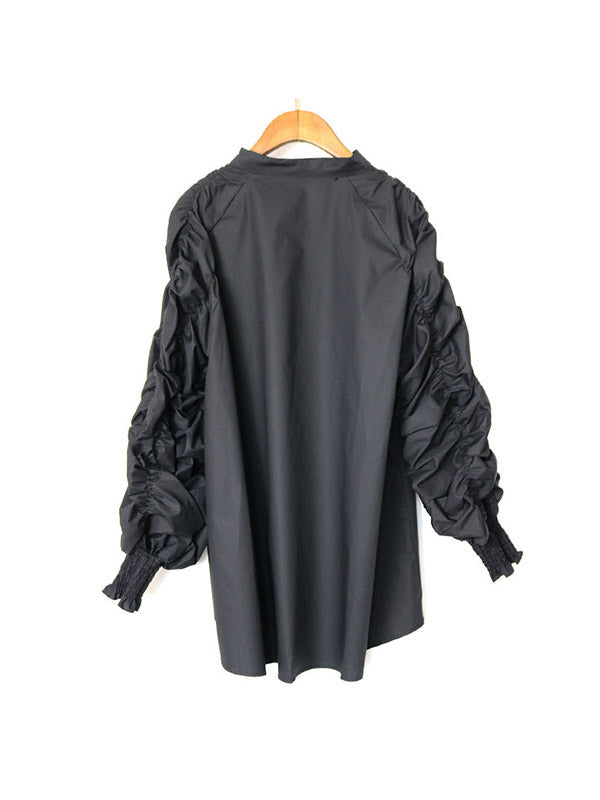 Elasticity Pleated Solid Color Split-Joint High-Low Long Sleeves Round-Neck Blouses