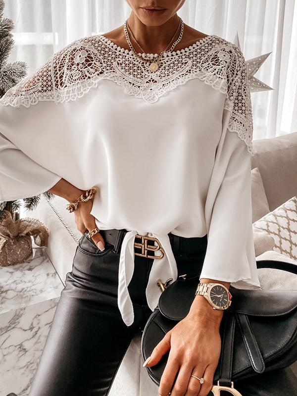 Solid Color Split-Joint Long Sleeves Loose Round-Neck Blouses&Shirts Tops