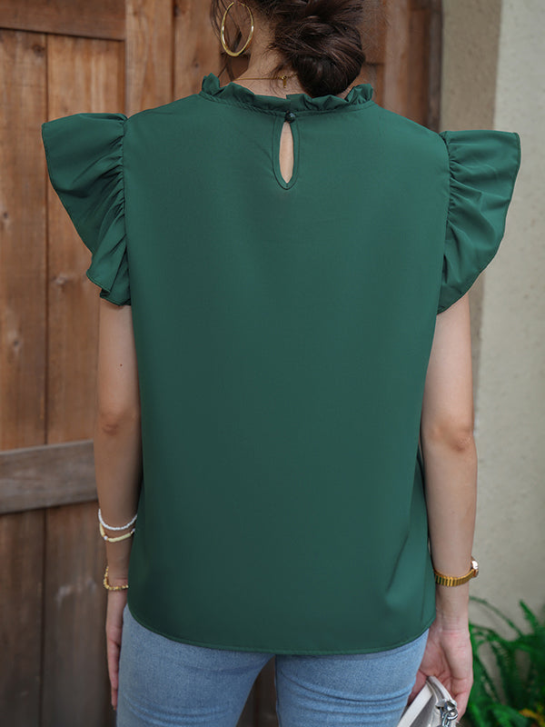 Hollow Solid Color Split-Joint Loose Ruffle Sleeves Round-Neck Blouses&Shirts Tops