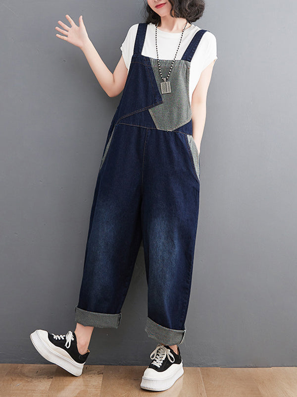 Casual Denim Contrast Color Split-Joint Overalls