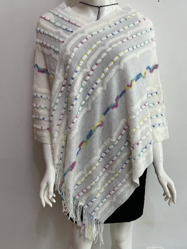 Asymmetric Contrast Color Tasseled Loose V-Neck Shawl&Cloak Cape