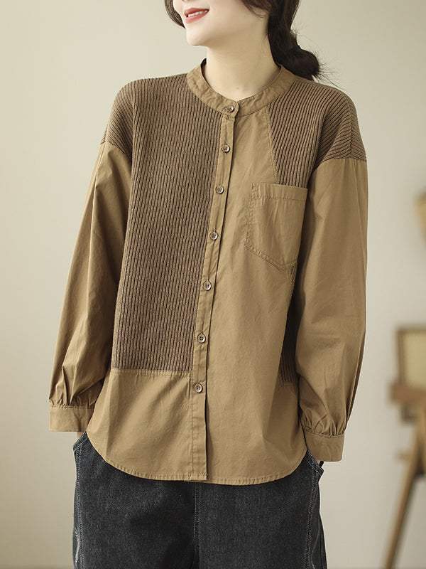 Asymmetric Buttoned Pockets Split-Joint Long Sleeves Loose Round-Neck Blouses&Shirts Tops