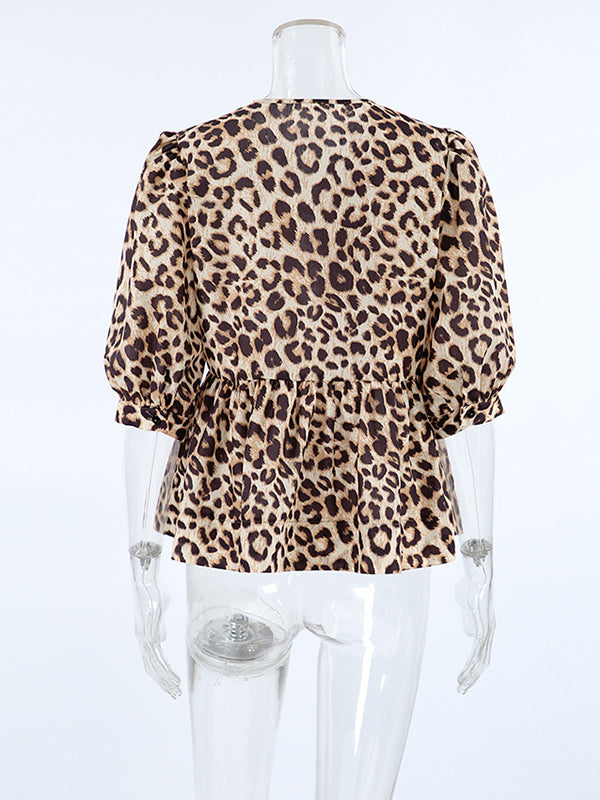 Elasticity Leopard Pleated Split-Joint Tied Half Sleeves Loose Round-Neck Blouses&Shirts Tops