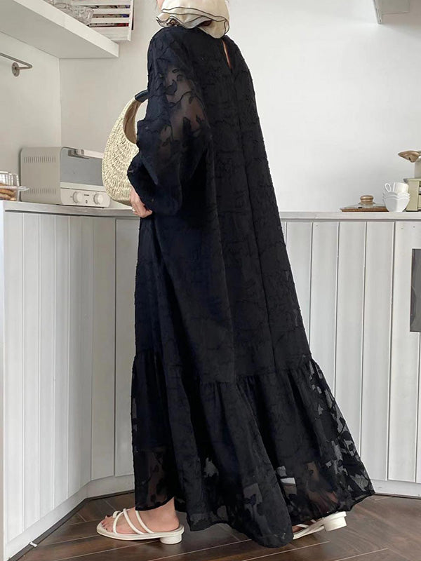 Flower Print Pleated Solid Color Split-Joint Tied Waist Long Sleeves Loose Round-Neck Maxi Dresses