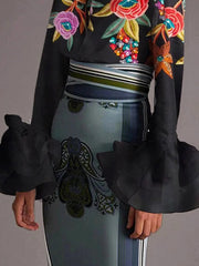 Buttoned Contrast Color Flower Print Flared Sleeves Long Sleeves Lapel Blouses&Shirts Tops
