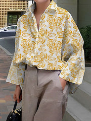 Buttoned Flower Print Long Sleeves Loose Lapel Blouses&Shirts Tops