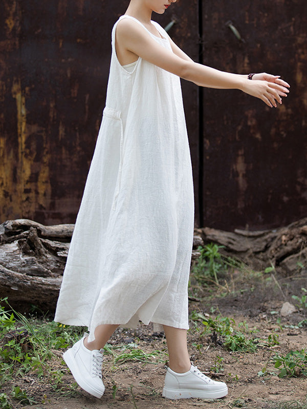 Drawstring Solid Color Split-Joint Tied Waist Loose Sleeveless Round-Neck Midi Dresses