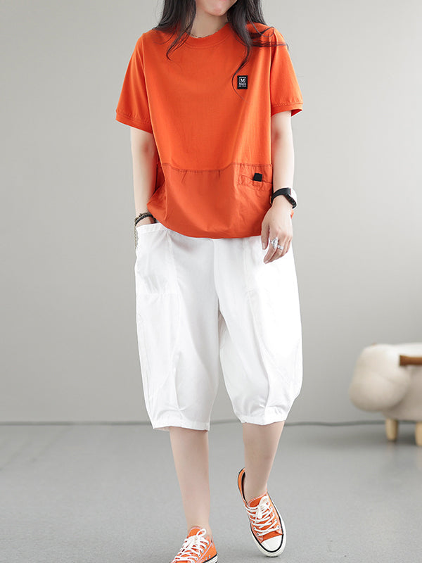 Split-Joint Loose Short Sleeves Round-Neck T-Shirts Tops