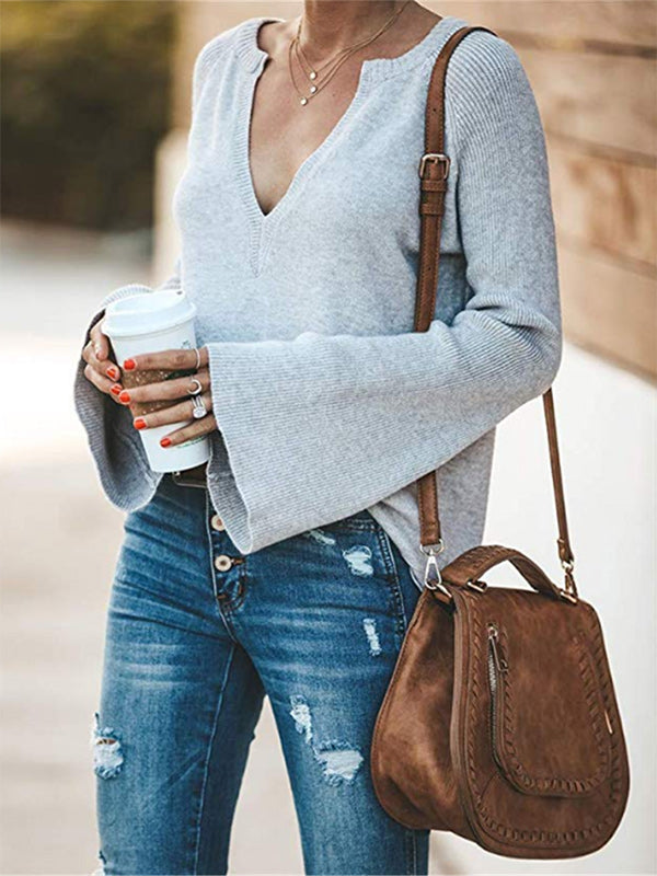 Casual Long Sleeves Loose Solid Color V-Neck Sweater Tops