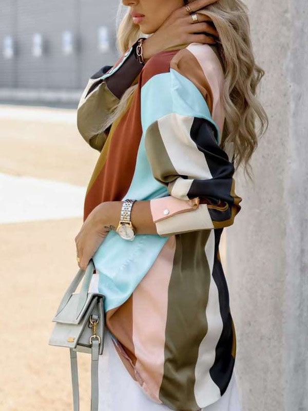 Contrast Color Printed Long Sleeves Loose Lapel Blouses