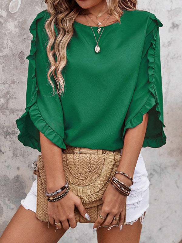 Ruffle Trim Solid Color Loose Three-Quarter Sleeves Round-Neck T-Shirts Tops